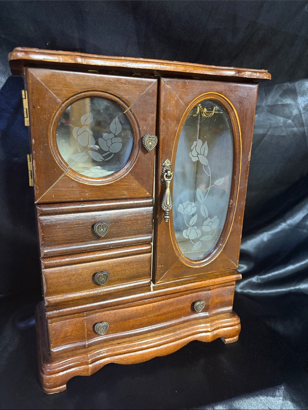 Vintage 90s Wood Jewelry Armoire Rose Etched Glass | Cottagecore Heirloom